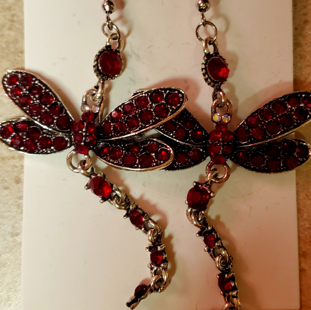New red dragonfly earrings 2.5"